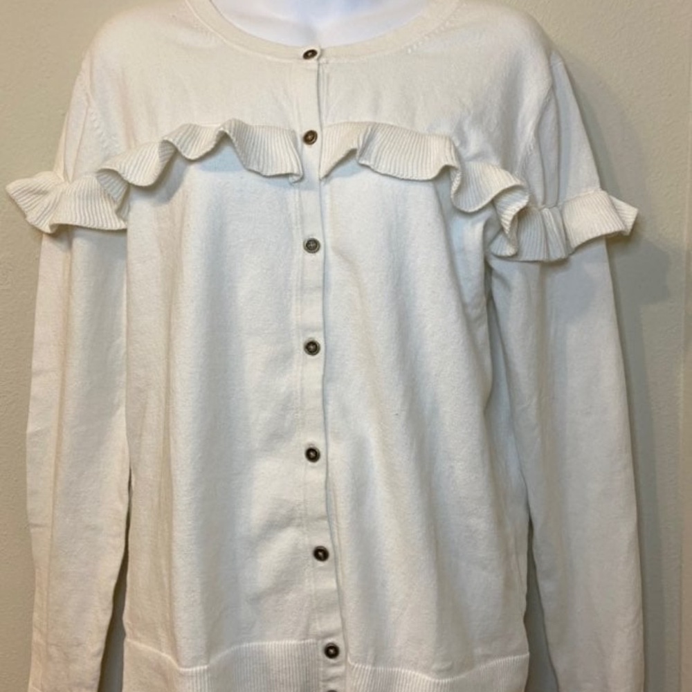 White Ruffle Button-Up Cardigan